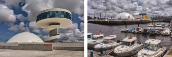 Avilés. La torre del centro Niemeyer y vista general del complejo desde el puerto deportivo